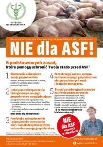 Plakat informacyjny w ramach kampanii informacyjnej „Nie dla ASF! 5 podstawowych zasad, które pomogą uchronić Twoje stado przed ASF