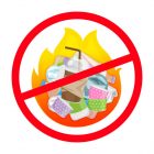 symbol ban of waste burnt, warning sign do not burn waste, plastic in bonfire with prohibition warning red circle sign, plastic waste incineration fire flame stop logo, icon of waste incineration ban